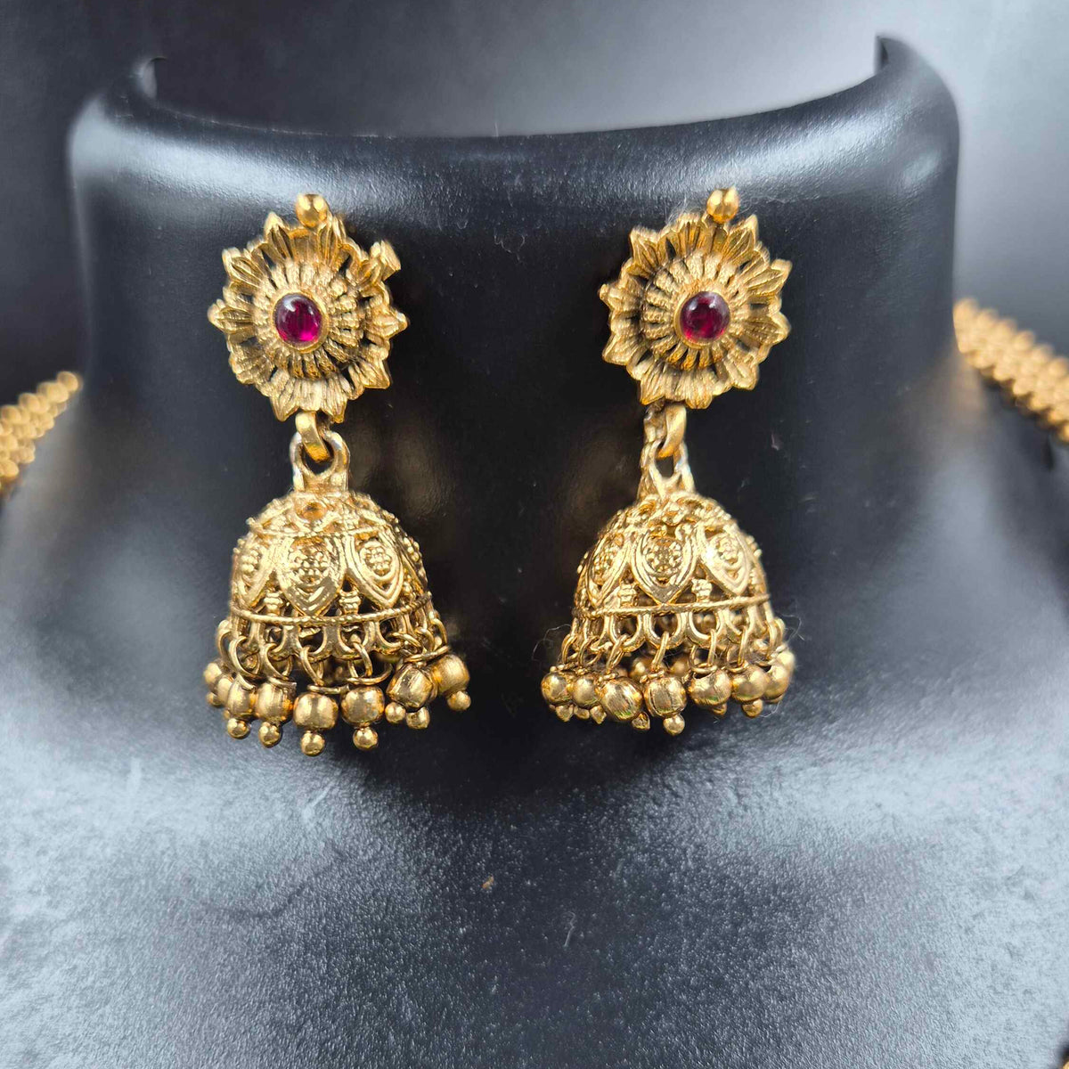 Front Screw Peacock Necklace Set with Ruby Stone Accents