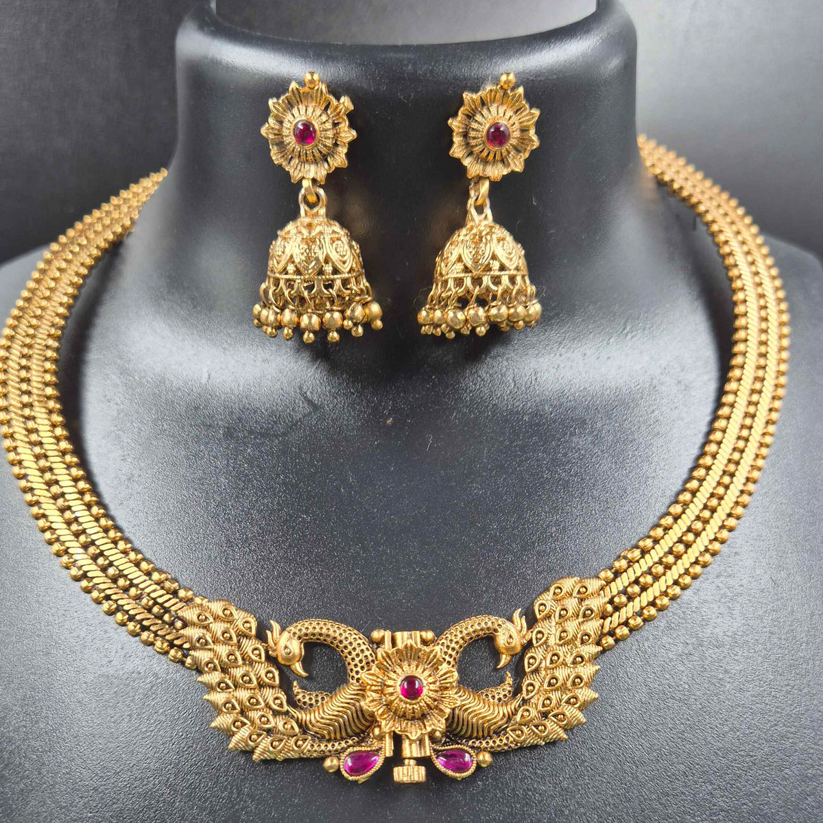 Front Screw Peacock Necklace Set with Ruby Stone Accents