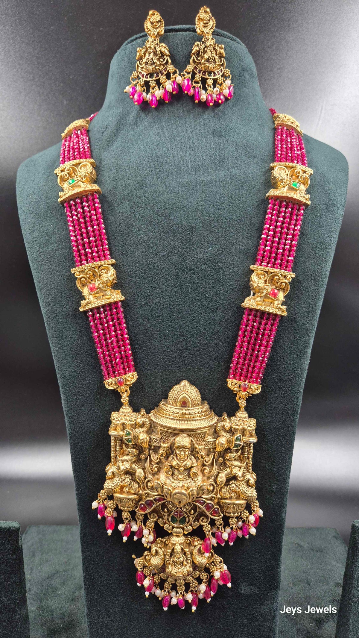 Bright pink  Beaded Lakshmi  Haram with Elephant Motifs