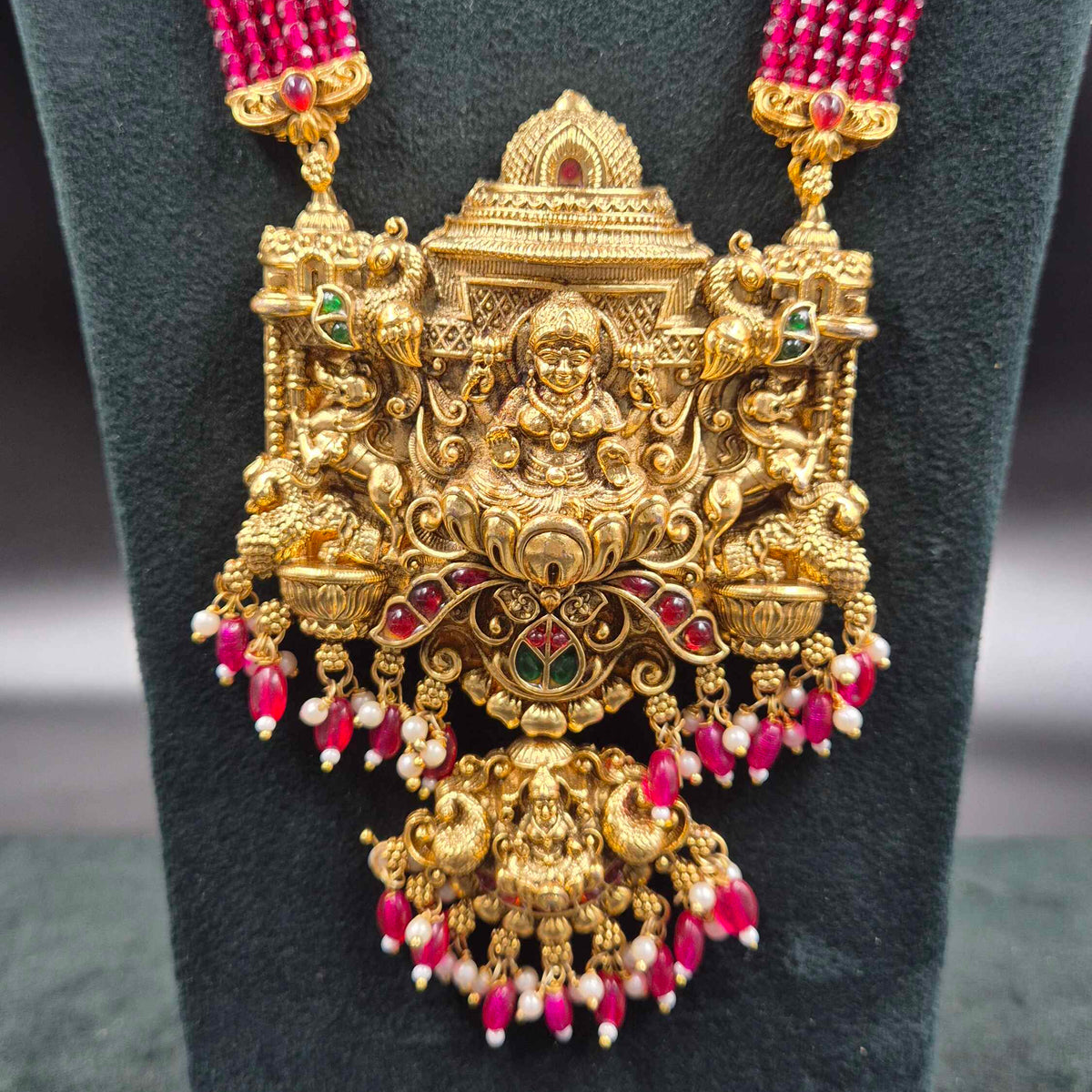 Bright pink  Beaded Lakshmi  Haram with Elephant Motifs