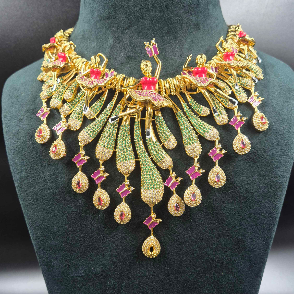 Dancing Doll Necklace with Pink and Green Stones