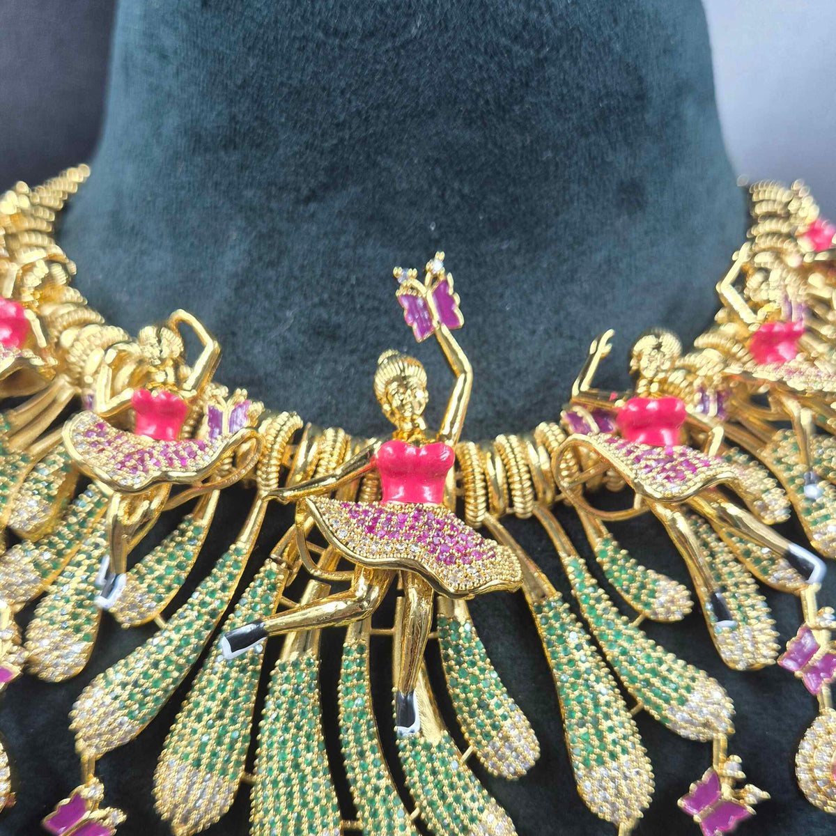Dancing Doll Necklace with Pink and Green Stones