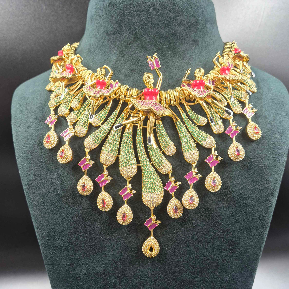 Dancing Doll Necklace with Pink and Green Stones