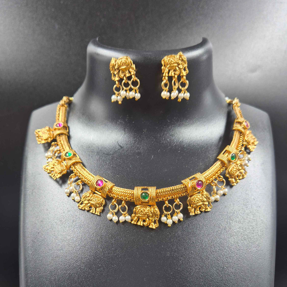 Gold Finish Elephant Motif Necklace Set with Pearl Danglers