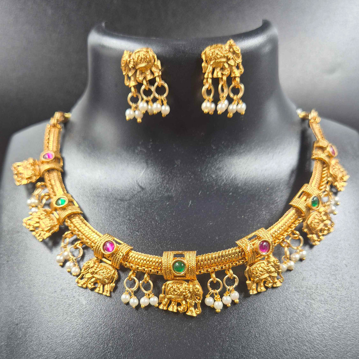 Gold Finish Elephant Motif Necklace Set with Pearl Danglers