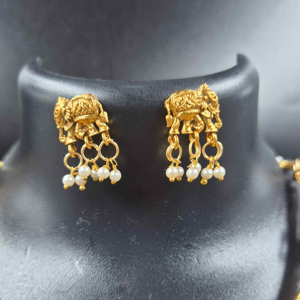 Gold Finish Elephant Motif Necklace Set with Pearl Danglers