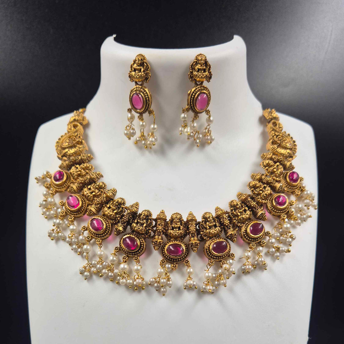 Antique Gold Lakshmi Necklace Set with Pink Kemp Stones