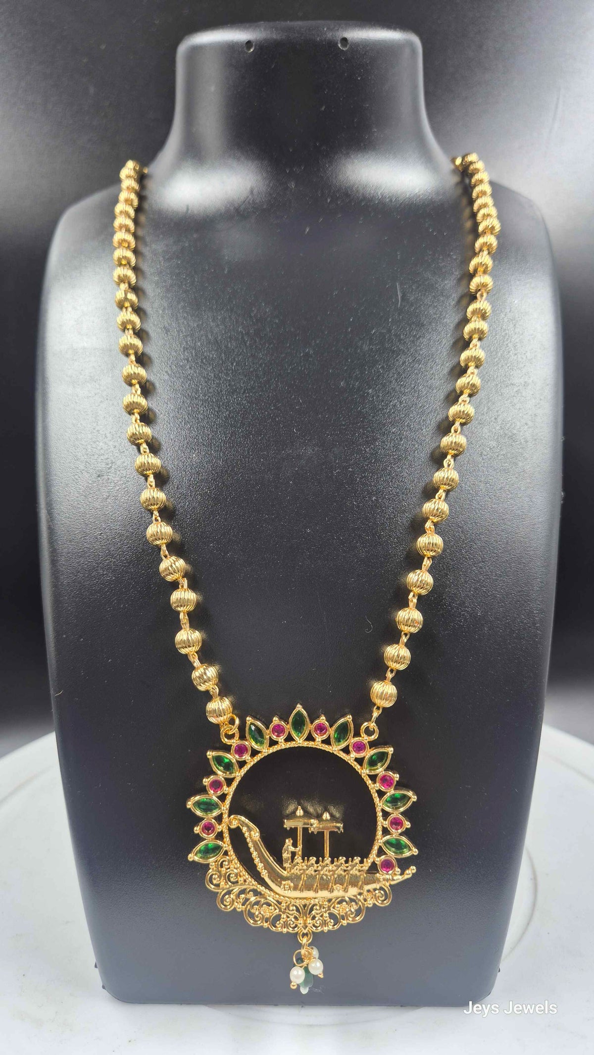 Kerala Boat Race Pendant Chain with Green and Pink Stones