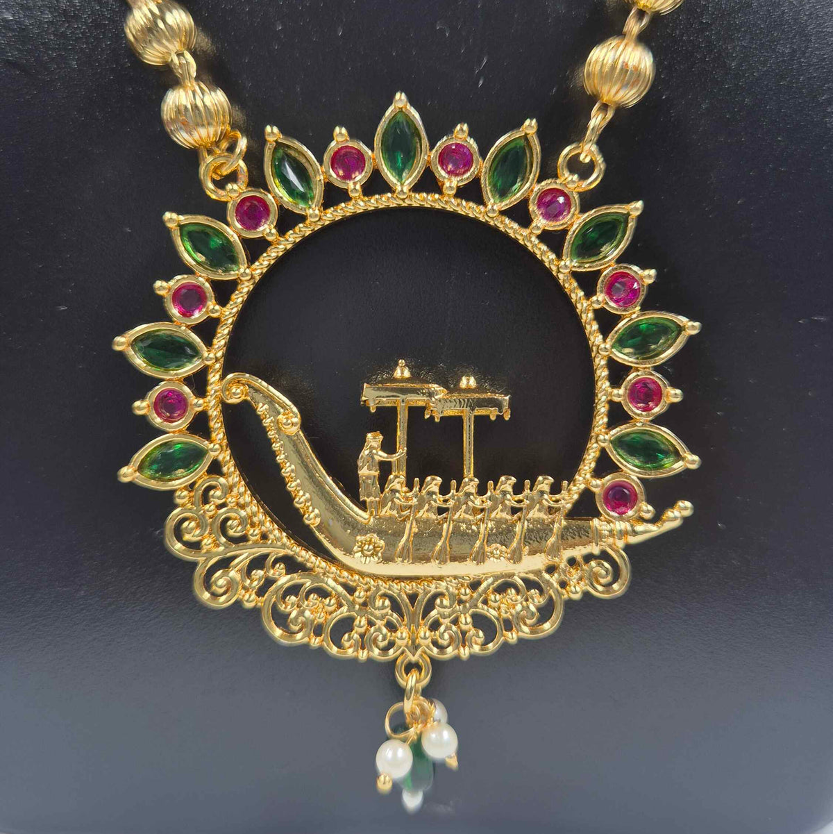 Kerala Boat Race Pendant Chain with Green and Pink Stones
