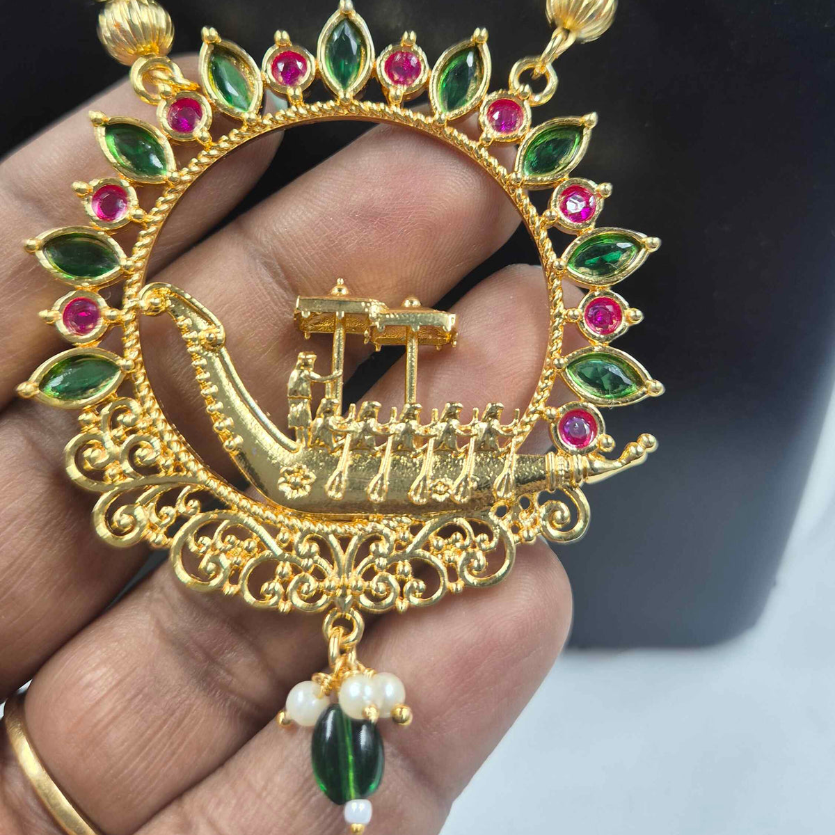 Kerala Boat Race Pendant Chain with Green and Pink Stones