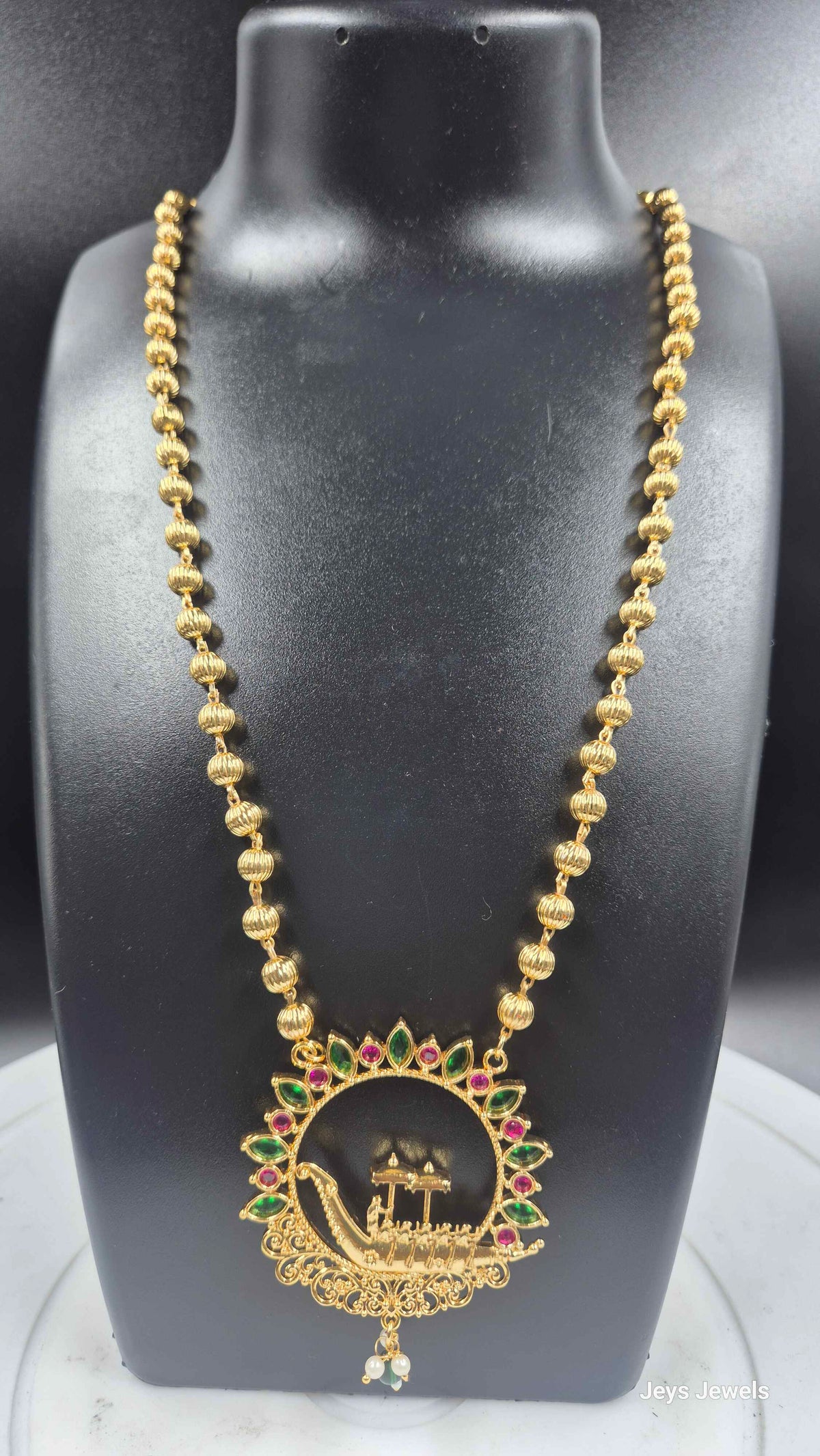 Kerala Boat Race Pendant Chain with Green and Pink Stones