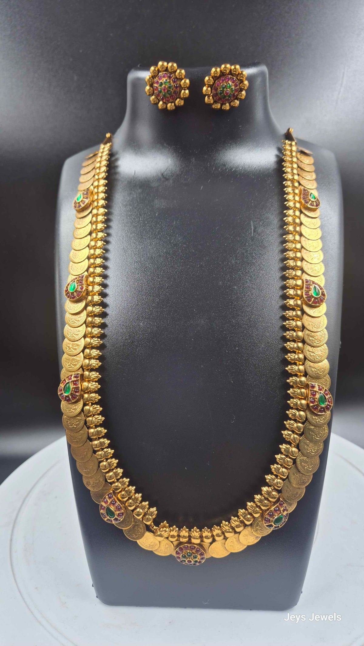 Gold Finish Kasu Mala Set with mango Kemp Stones