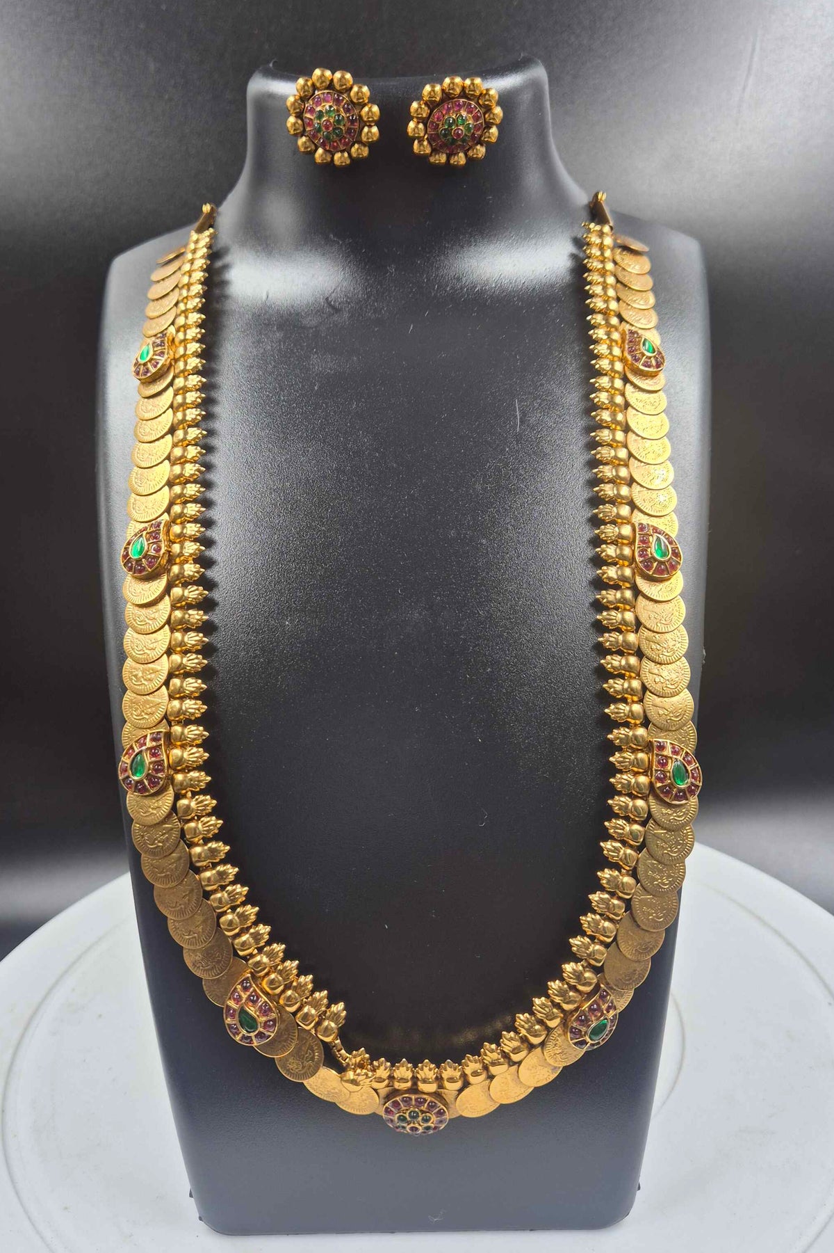 Gold Finish Kasu Mala Set with mango Kemp Stones