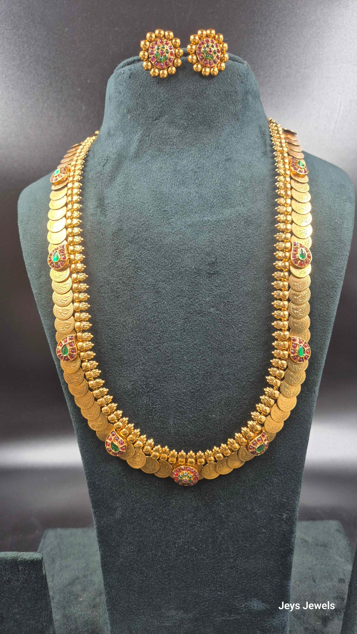 Gold Finish Kasu Mala Set with mango Kemp Stones