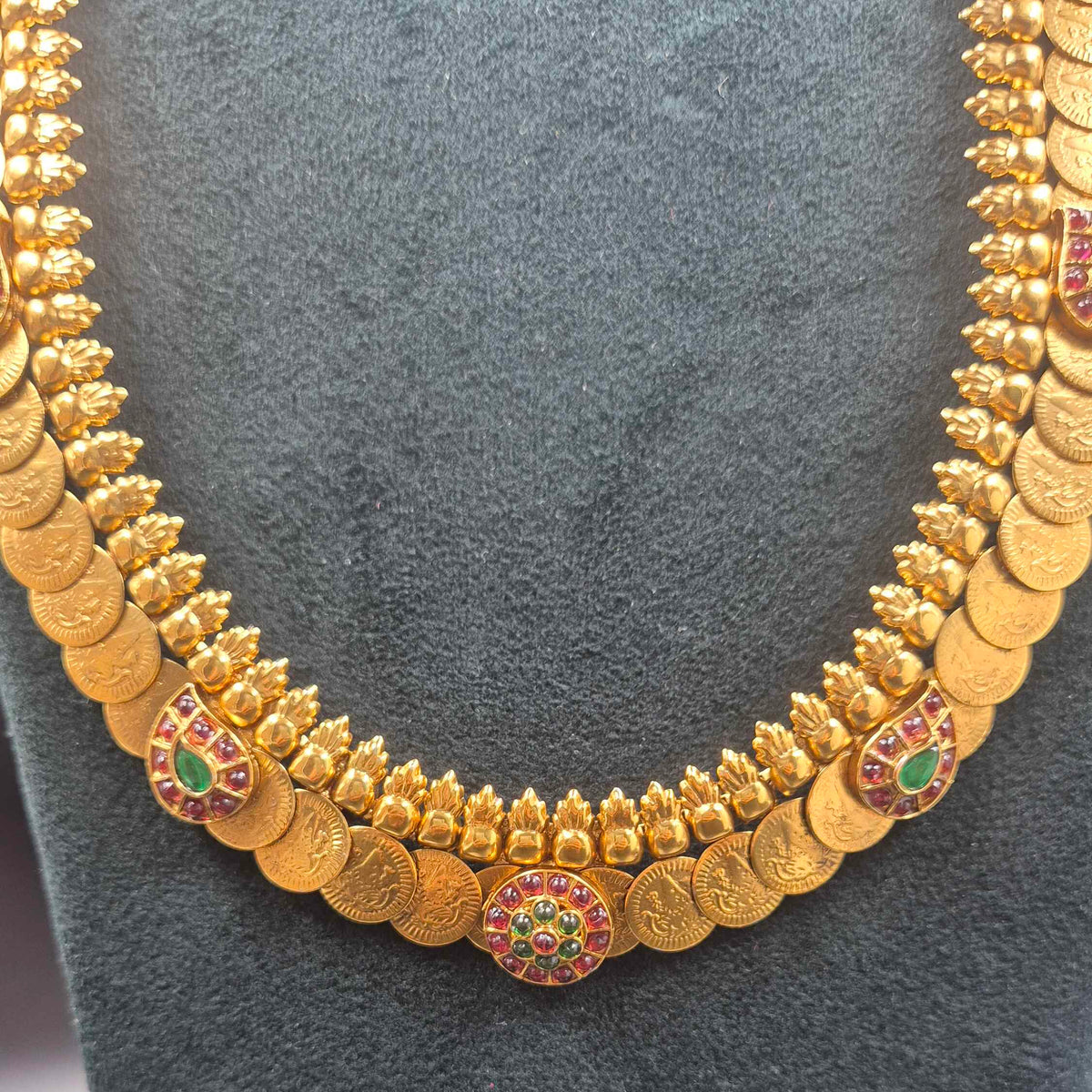 Gold Finish Kasu Mala Set with mango Kemp Stones