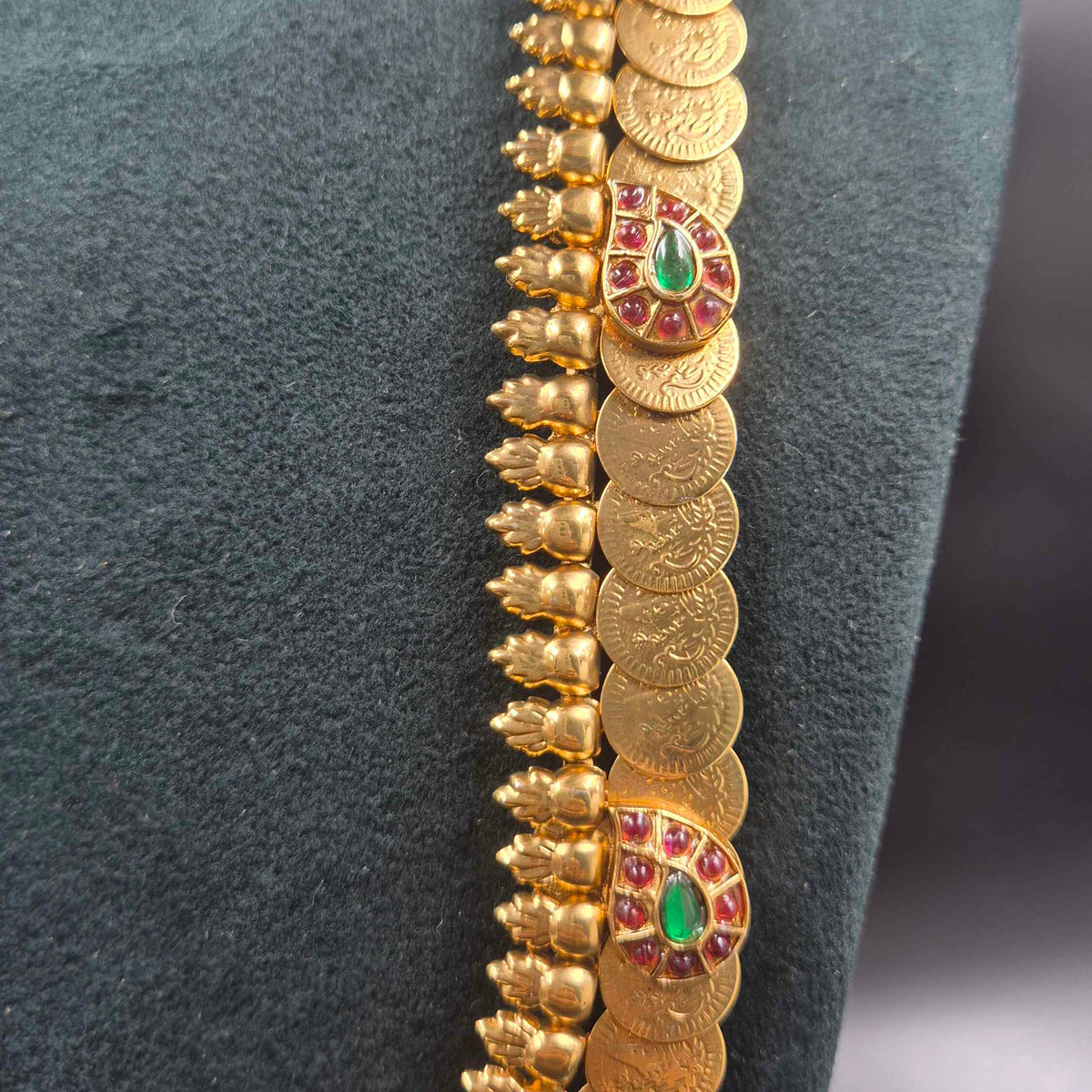 Gold Finish Kasu Mala Set with mango Kemp Stones