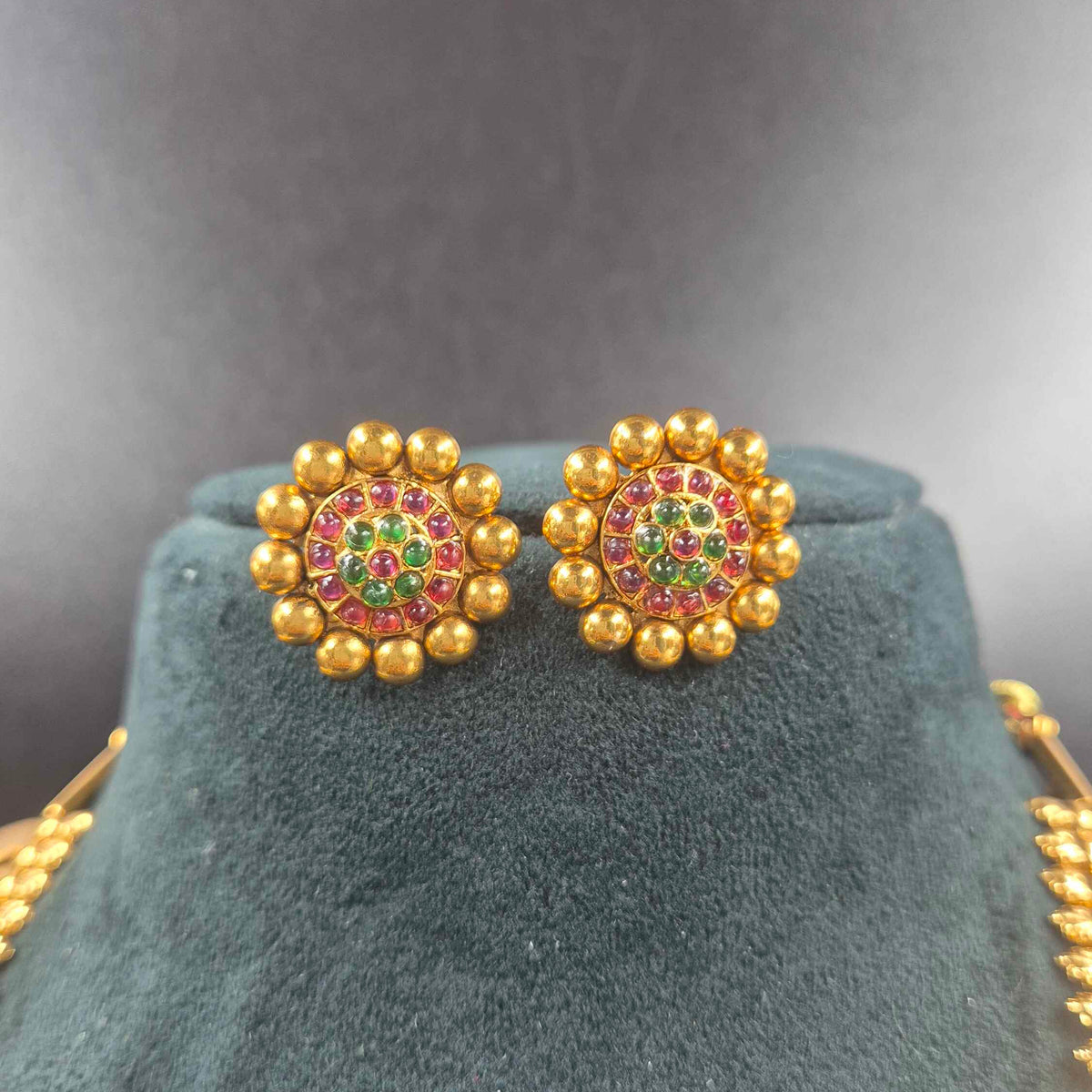 Gold Finish Kasu Mala Set with mango Kemp Stones