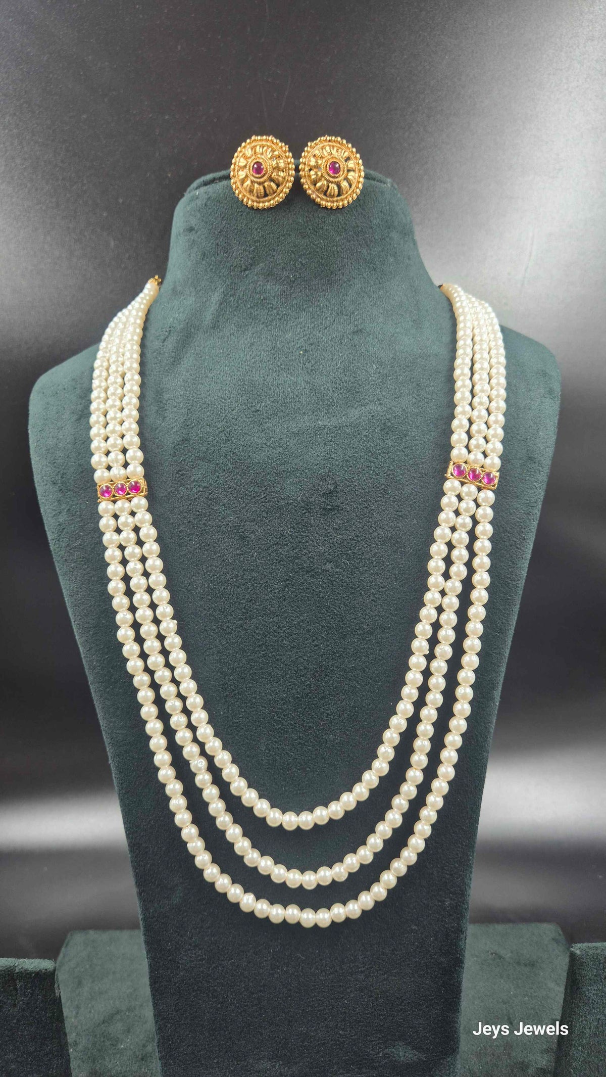 Triple Layer Pearl Mala Necklace Set with Gold Finish Earrings