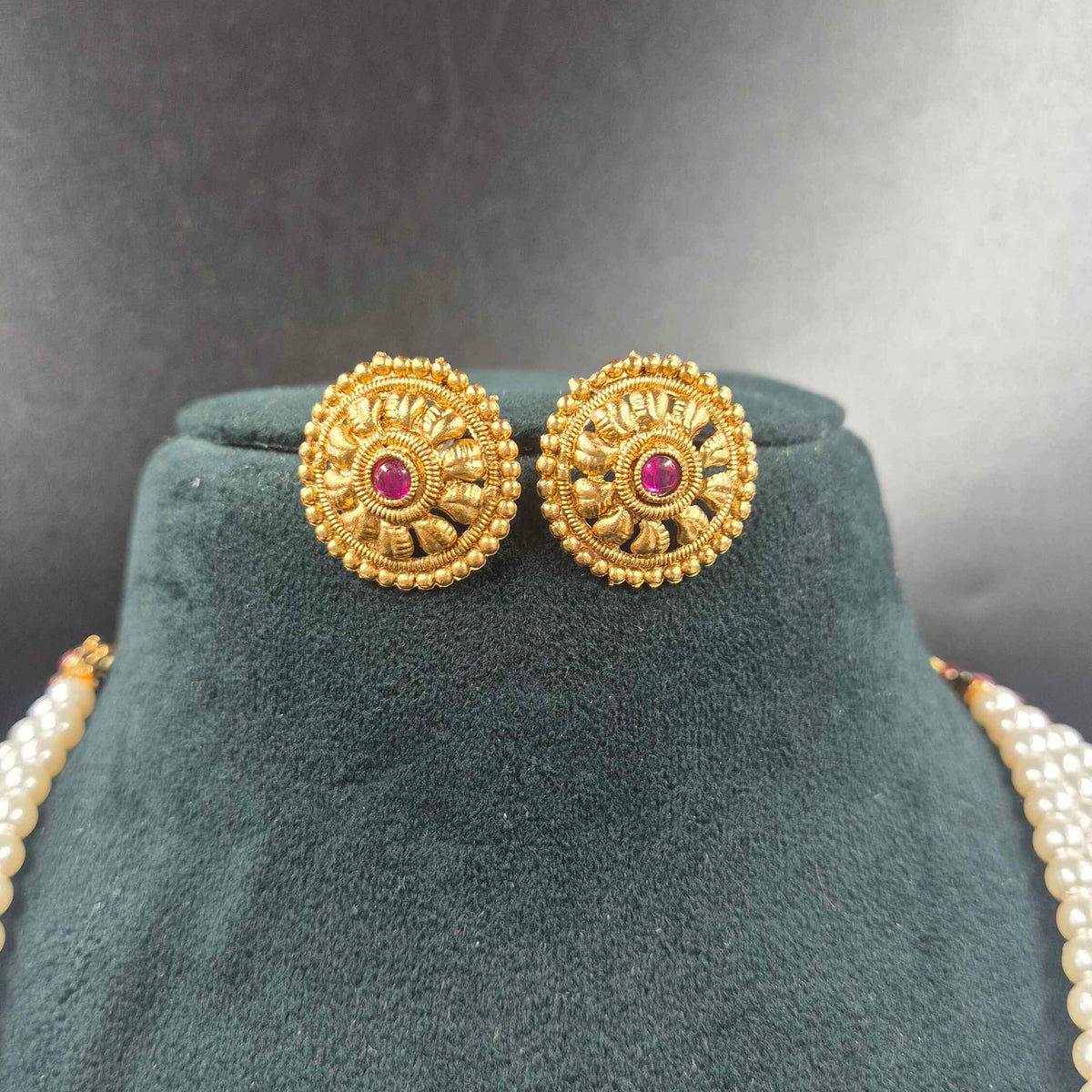 Triple Layer Pearl Mala Necklace Set with Gold Finish Earrings