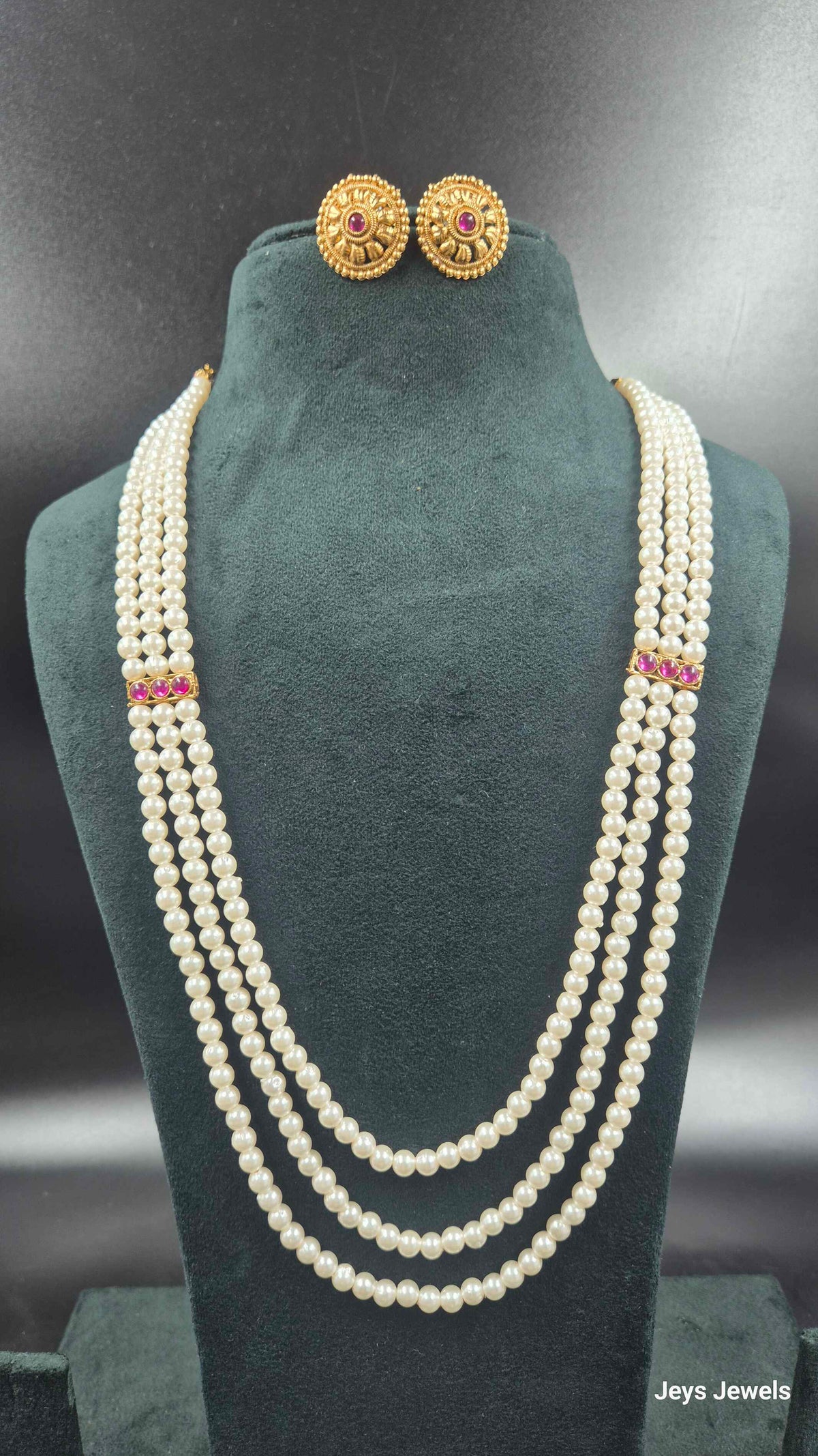 Triple Layer Pearl Mala Necklace Set with Gold Finish Earrings