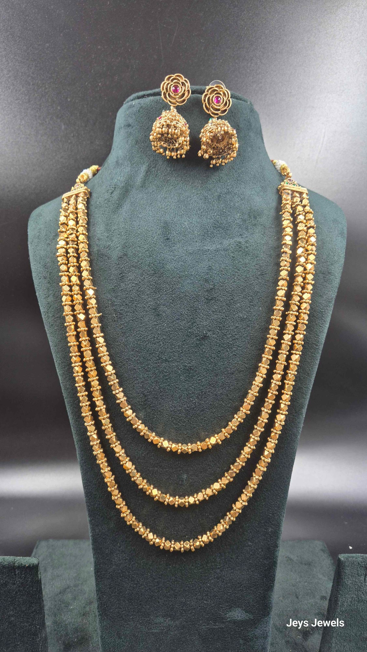 Triple Layer Gold Finish Beaded Haram Set with Jhumkas