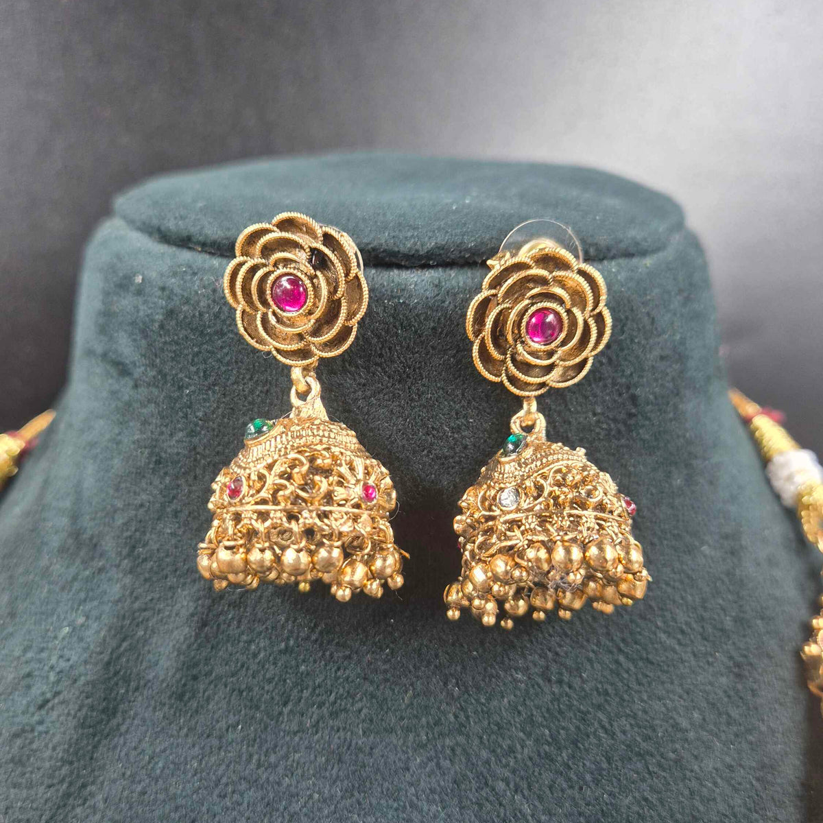 Triple Layer Gold Finish Beaded Haram Set with Jhumkas