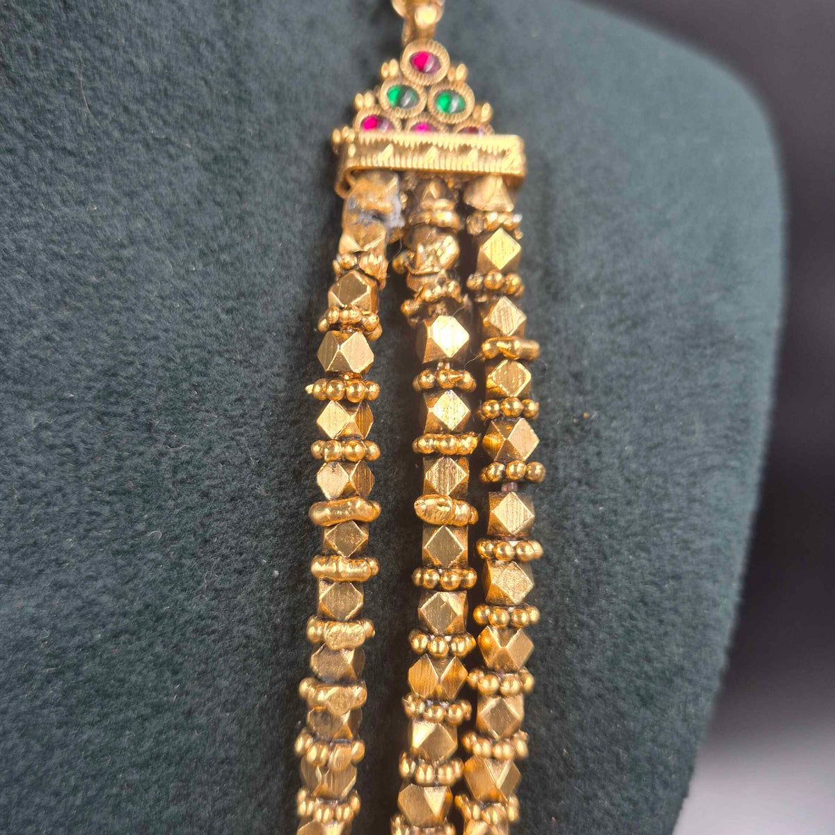Triple Layer Gold Finish Beaded Haram Set with Jhumkas