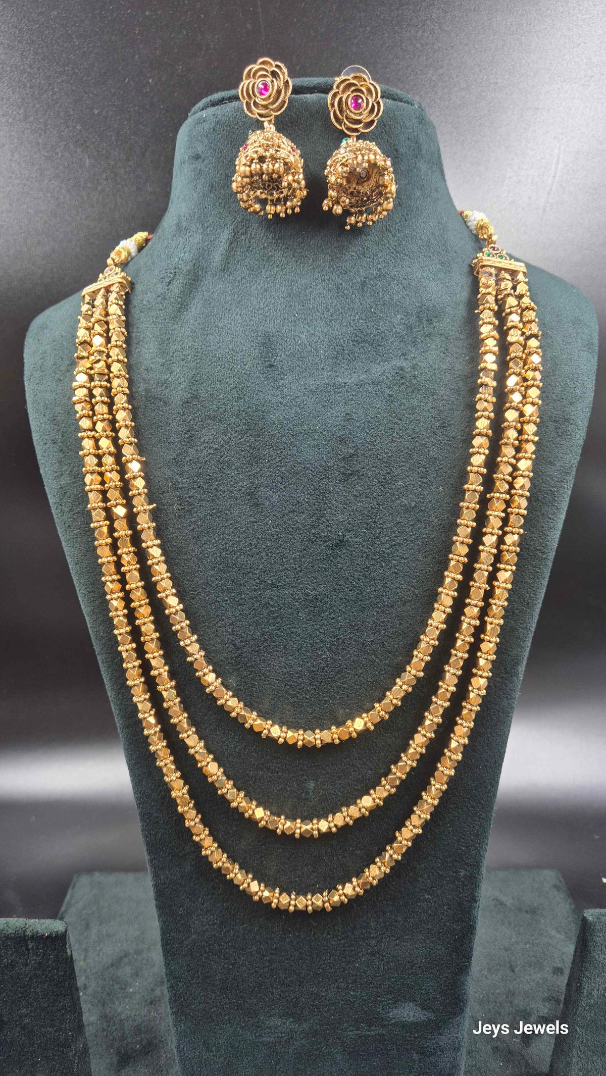Triple Layer Gold Finish Beaded Haram Set with Jhumkas
