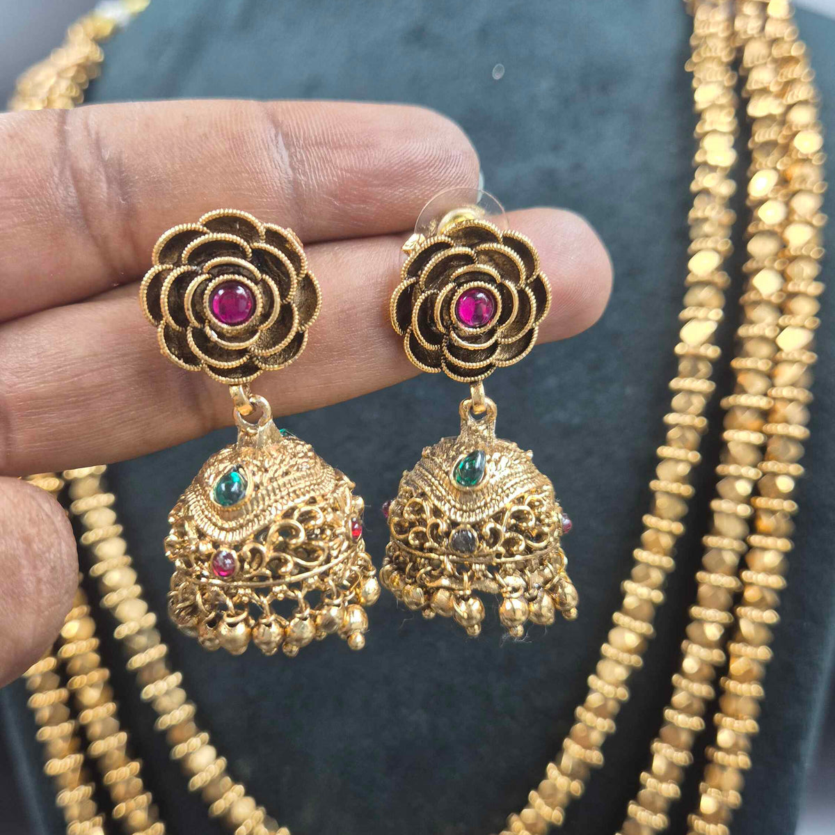 Triple Layer Gold Finish Beaded Haram Set with Jhumkas