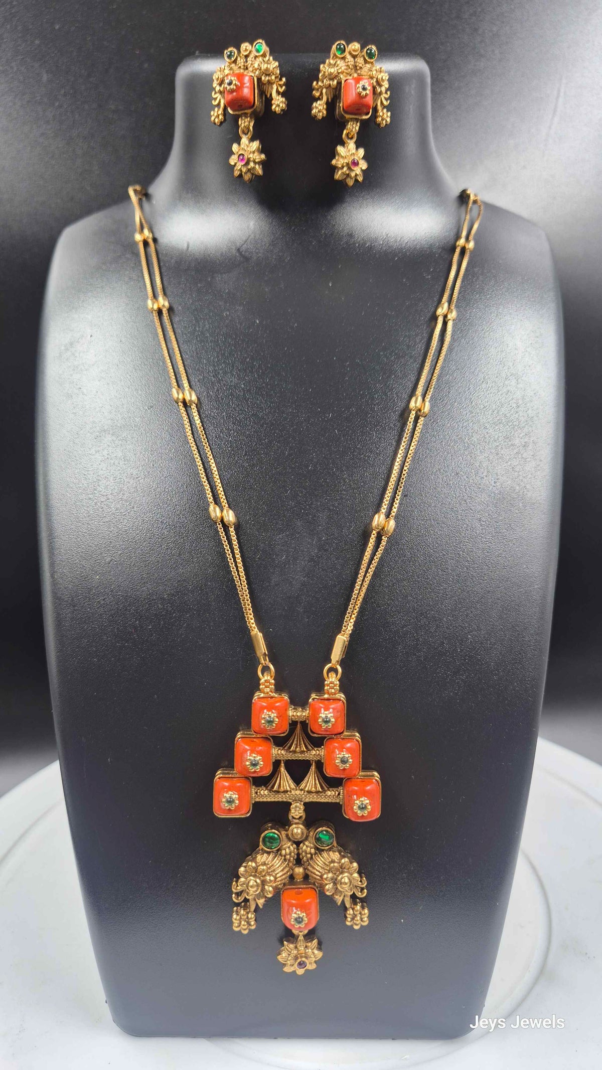 Double strand chain Set with orange coral Stones