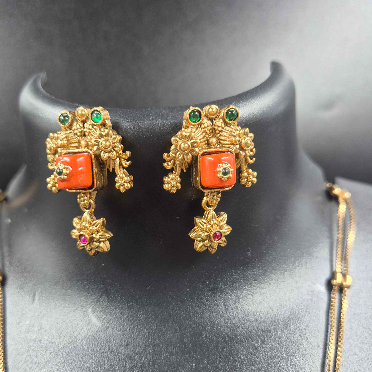 Double strand chain Set with orange coral Stones