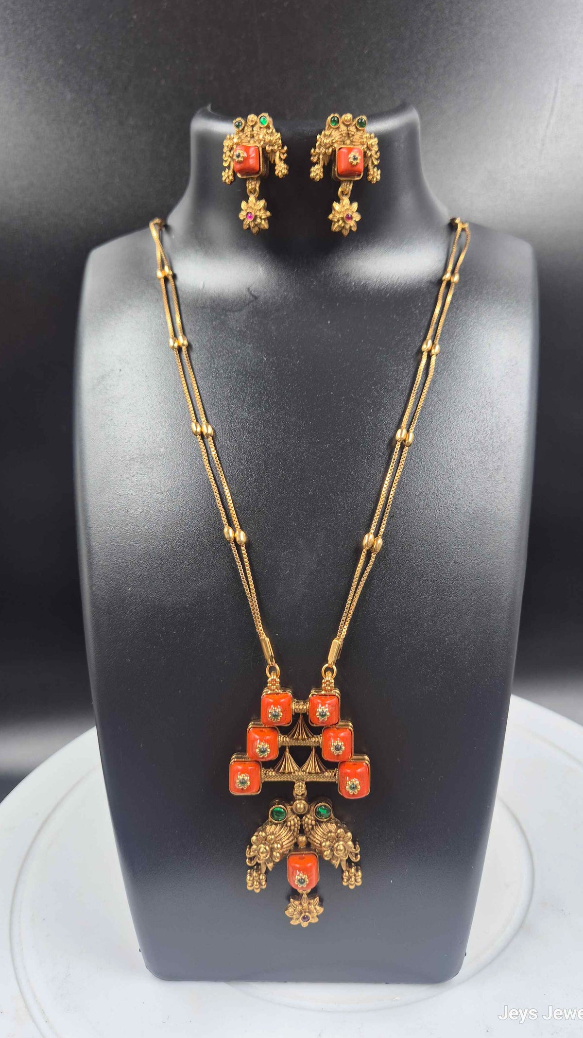 Double strand chain Set with orange coral Stones