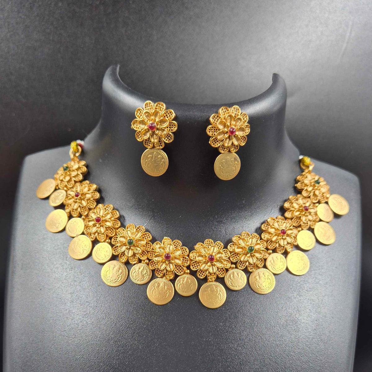 Floral Kasu Necklace Set with Gold Finish Coin Danglers