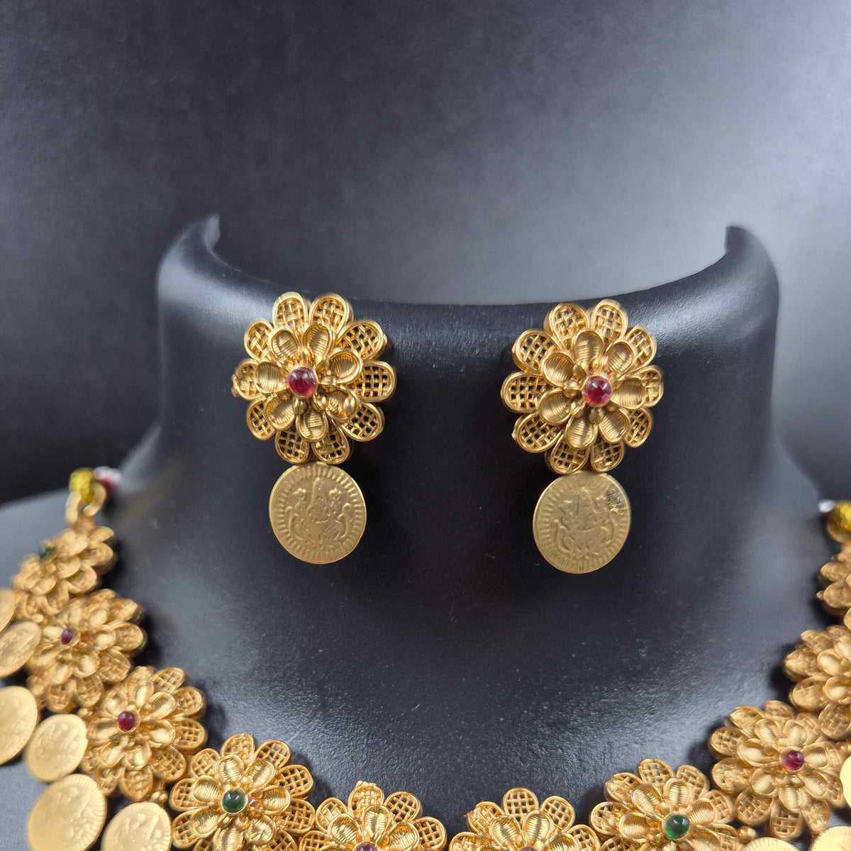 Floral Kasu Necklace Set with Gold Finish Coin Danglers