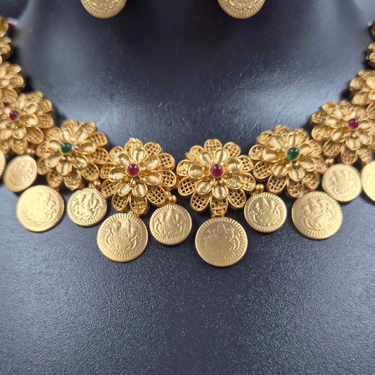 Floral Kasu Necklace Set with Gold Finish Coin Danglers