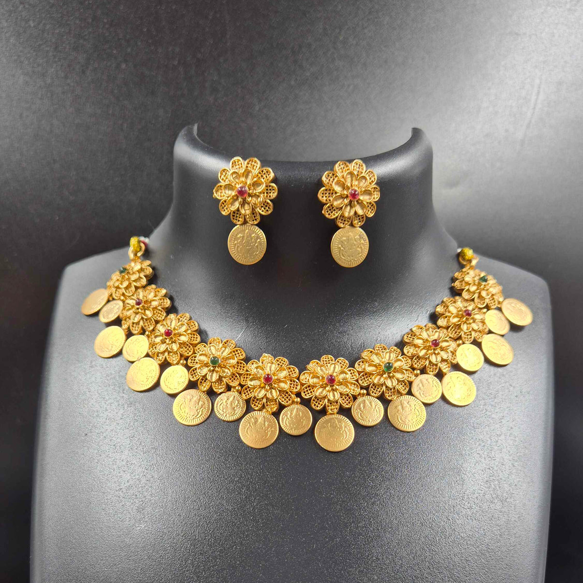 Floral Kasu Necklace Set with Gold Finish Coin Danglers