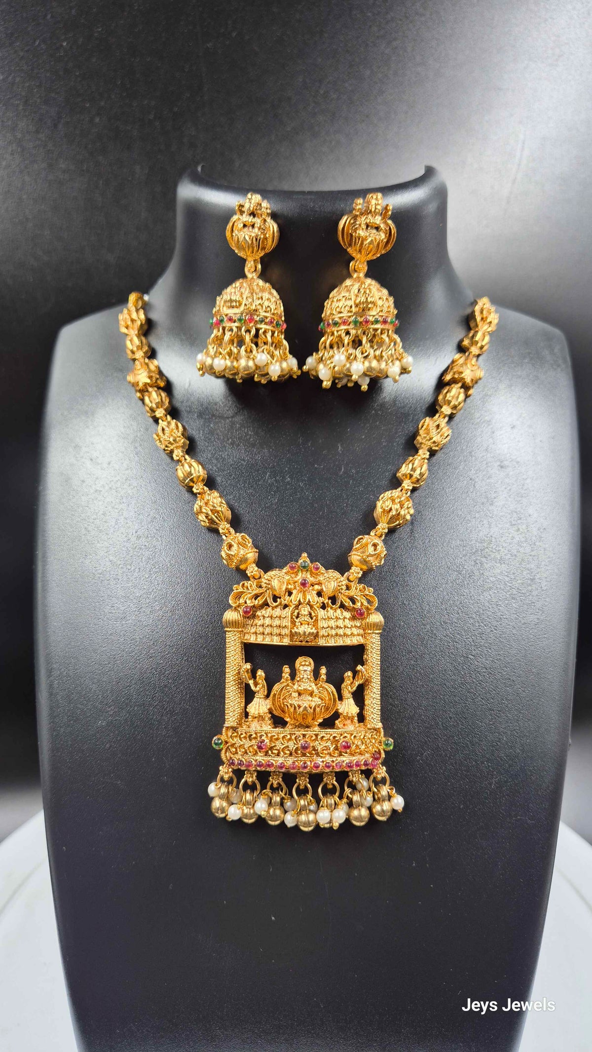 Gold Finish Temple Pendant  Set with Jhumkas