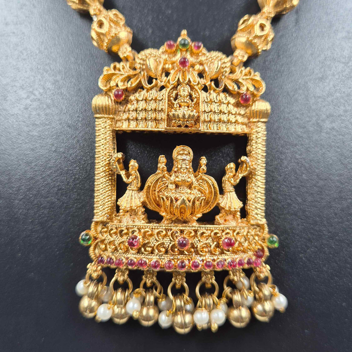 Gold Finish Temple Pendant  Set with Jhumkas