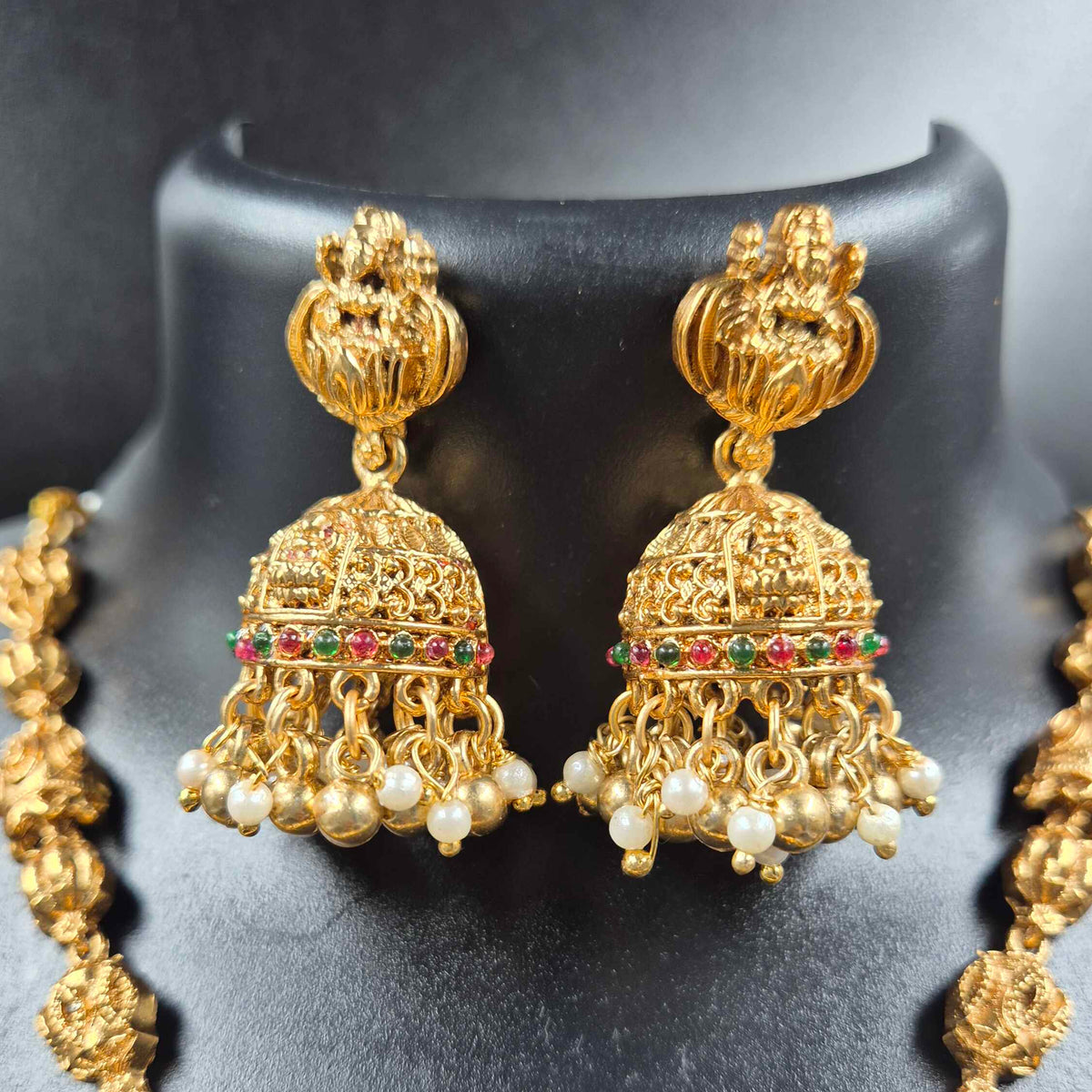 Gold Finish Temple Pendant  Set with Jhumkas