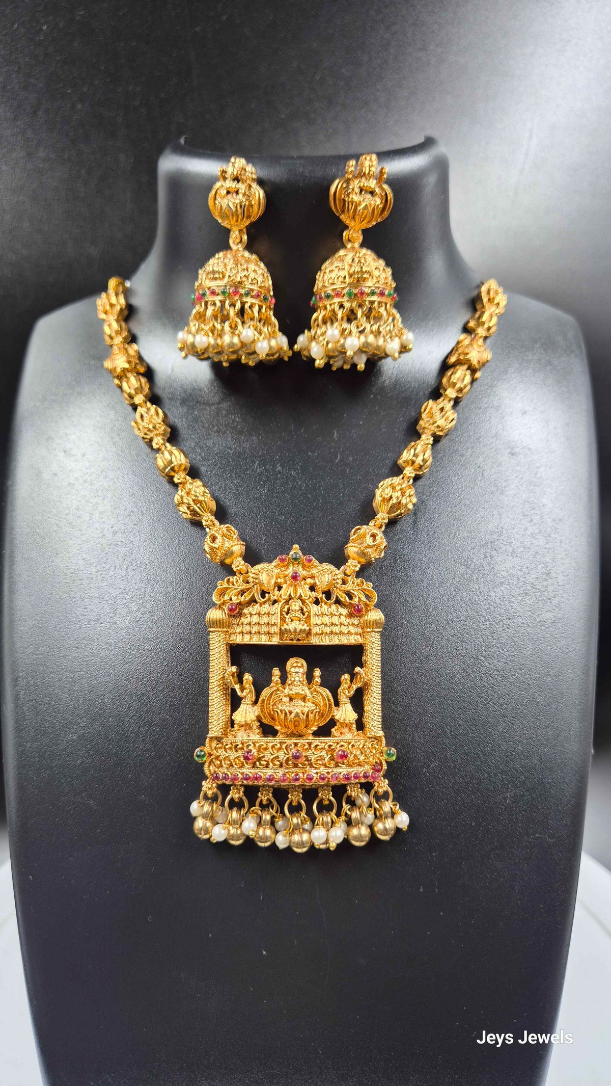 Gold Finish Temple Pendant  Set with Jhumkas