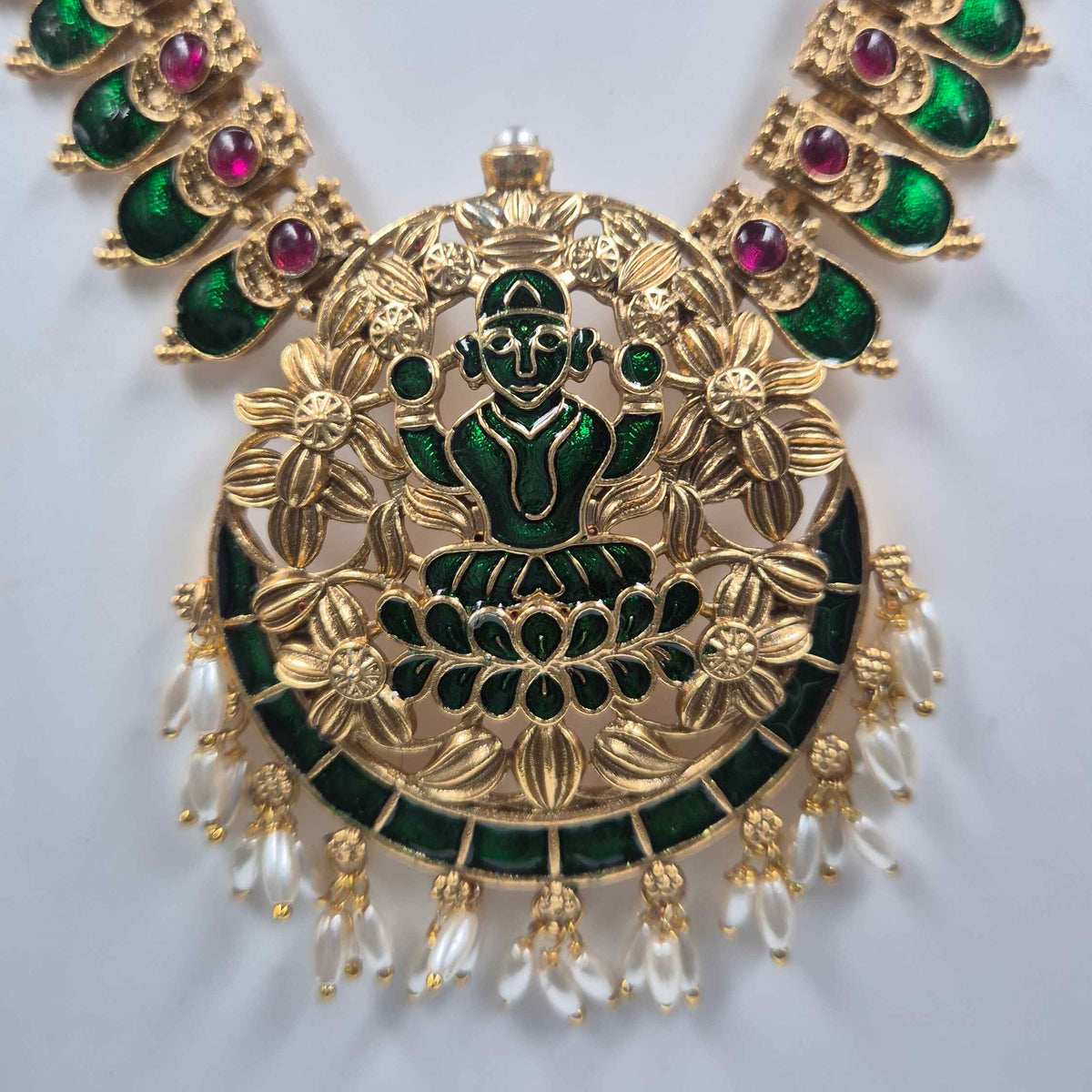 Green Palakka Lakshmi Haram with Pearl Danglers