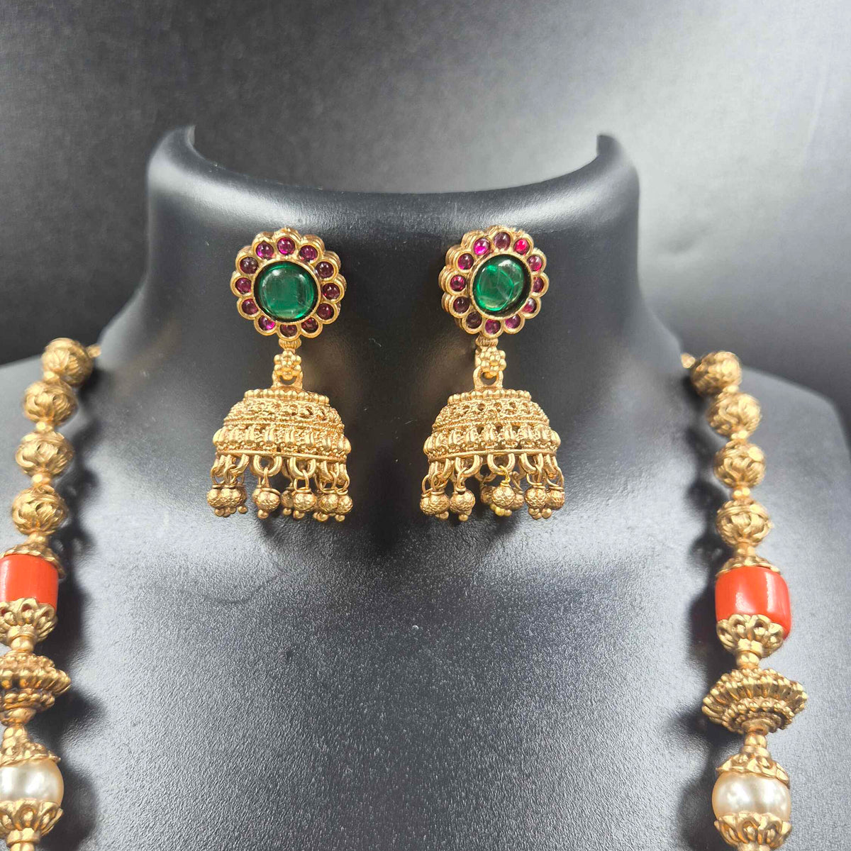 Gold Finish Haram with orange corals and Green Stones