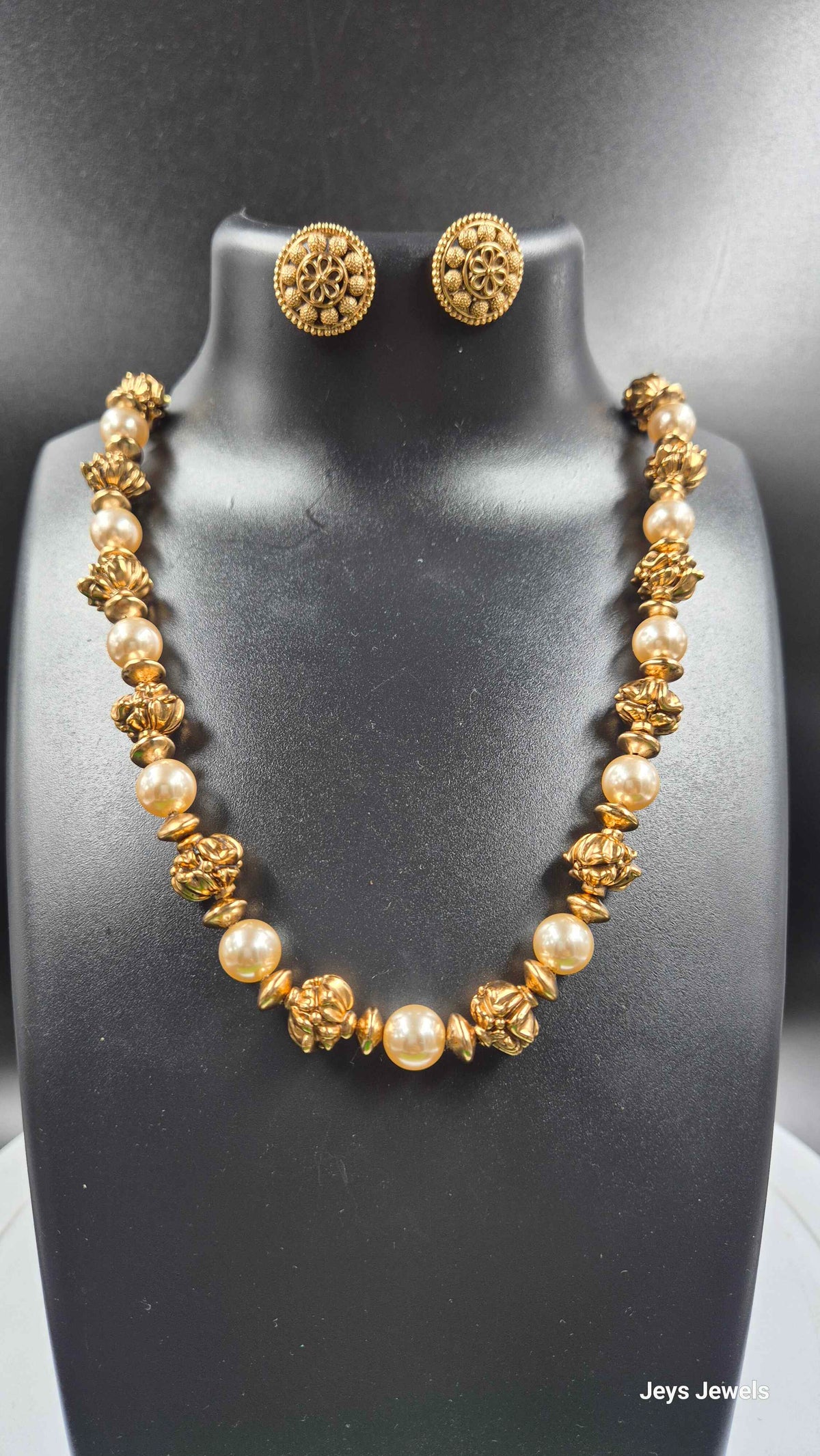 Gold Bead Necklace Set with Pearl Beads and Studs