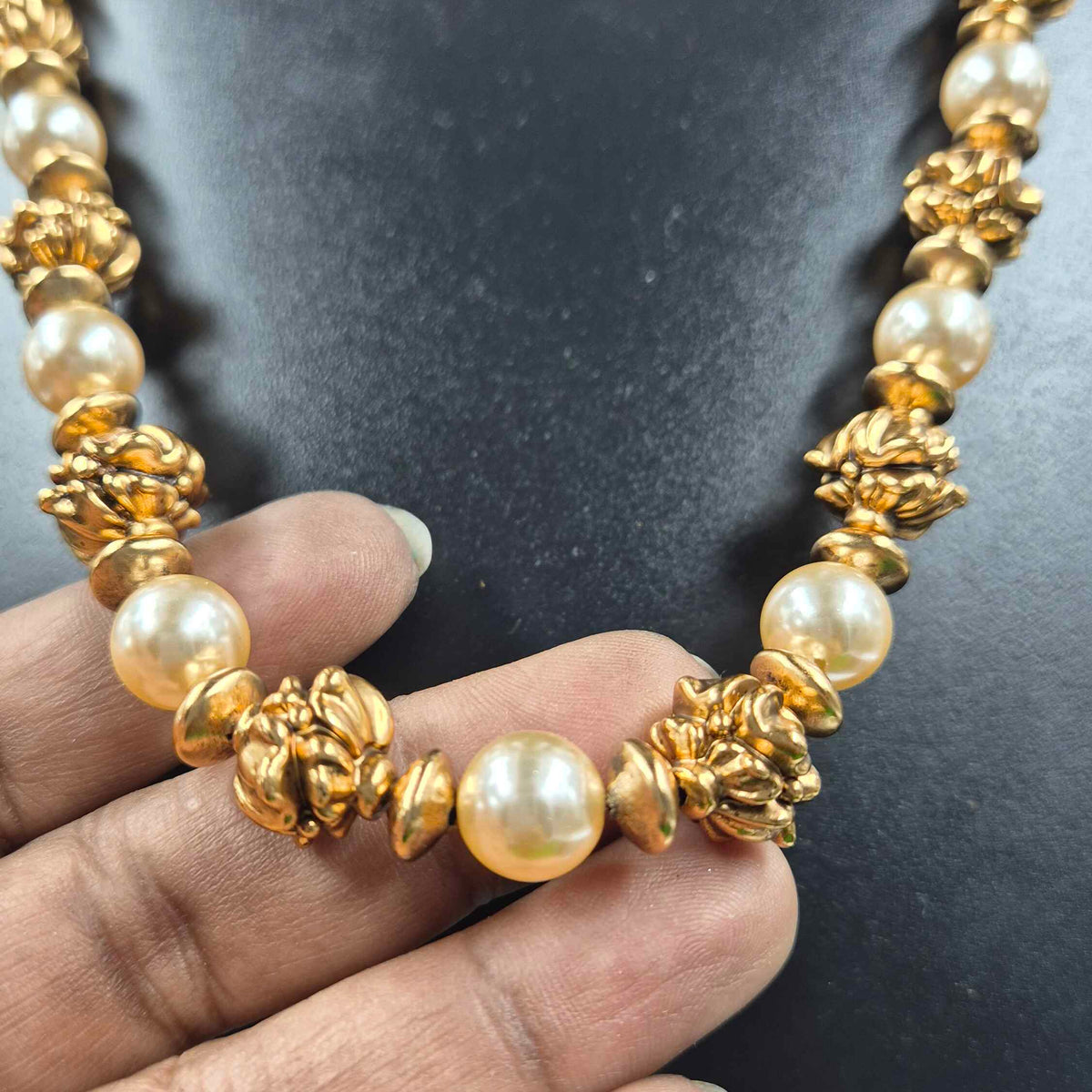 Gold Bead Necklace Set with Pearl Beads and Studs