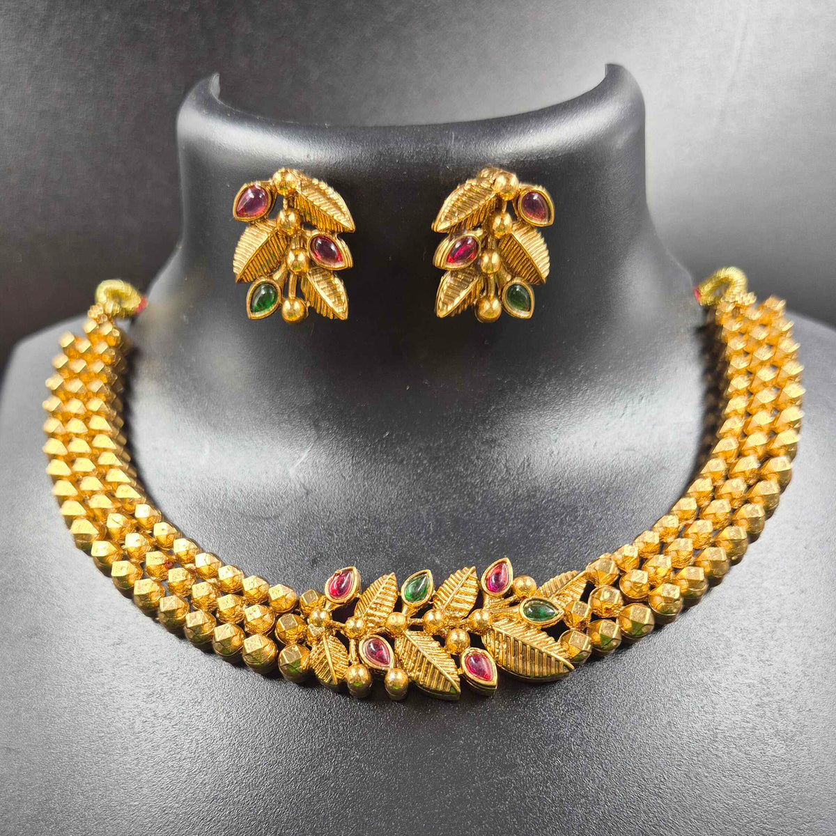 Gold Necklace Set with Ruby Green Stones