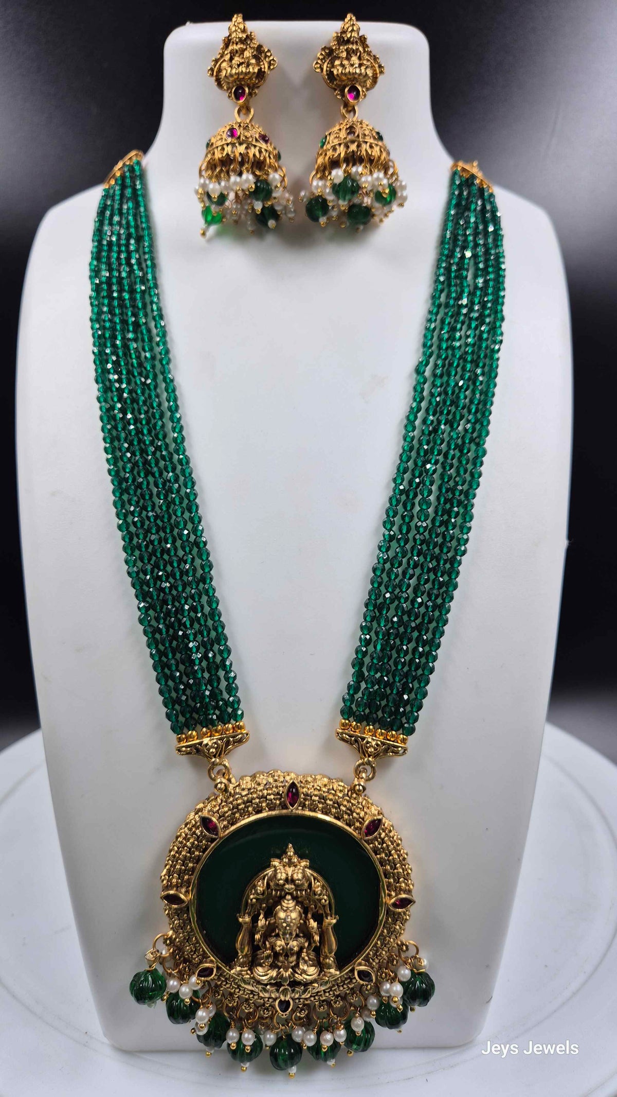 Green Beads Lakshmi Pendant  Set with Jhumkas
