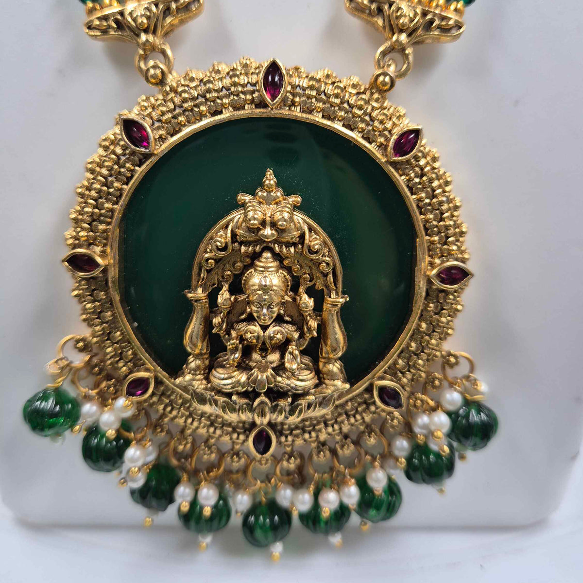 Green Beads Lakshmi Pendant  Set with Jhumkas
