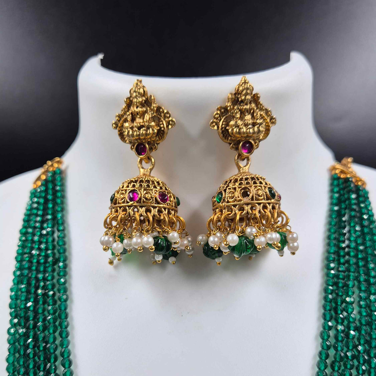 Green Beads Lakshmi Pendant  Set with Jhumkas