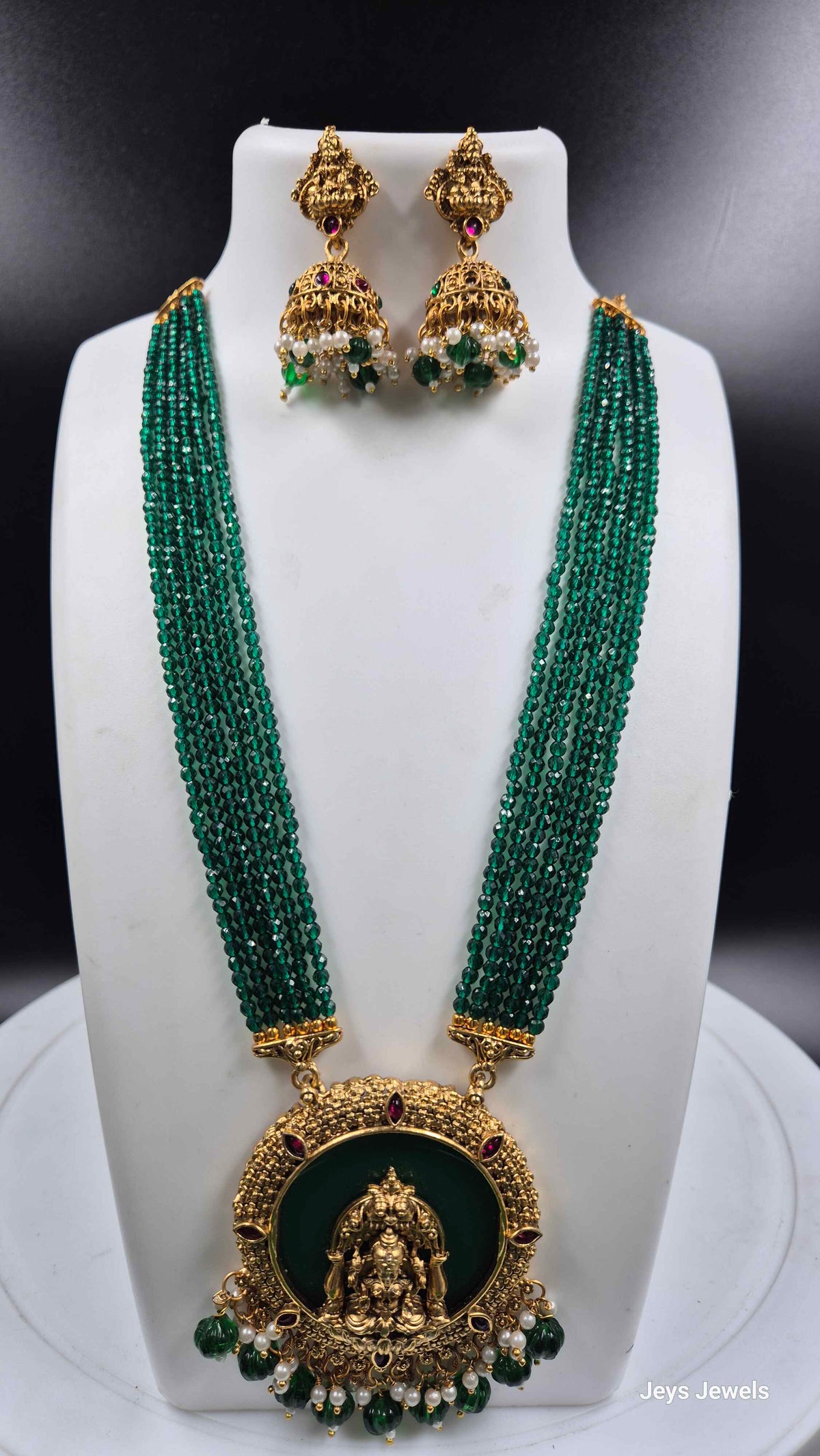 Green Beads Lakshmi Pendant  Set with Jhumkas