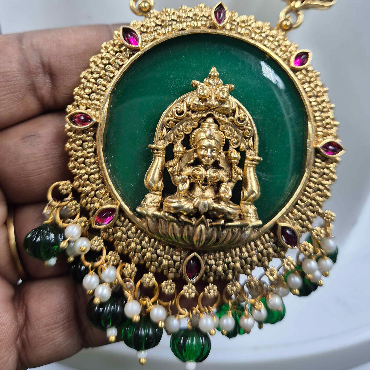 Green Beads Lakshmi Pendant  Set with Jhumkas